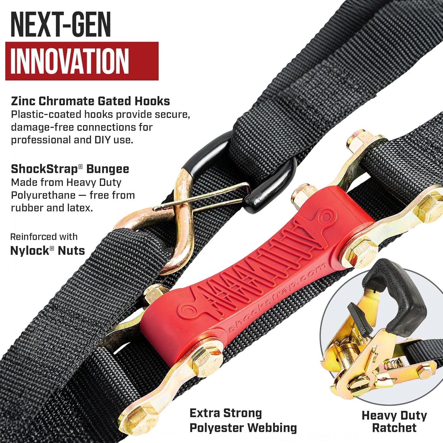 7ft x 1.5in SHOCKSTRAP® Ratchet Strap with Clip Hook,  Premium Polyester Webbing, 3k Break Strength, 1k Working Load Limit