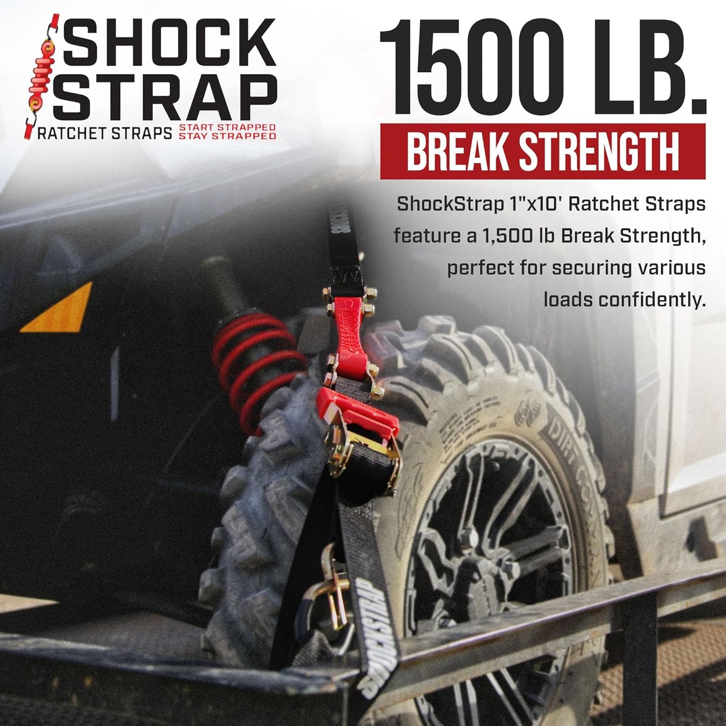 7ft x 1.5in SHOCKSTRAP® Ratchet Strap with Clip Hook,  Premium Polyester Webbing, 3k Break Strength, 1k Working Load Limit