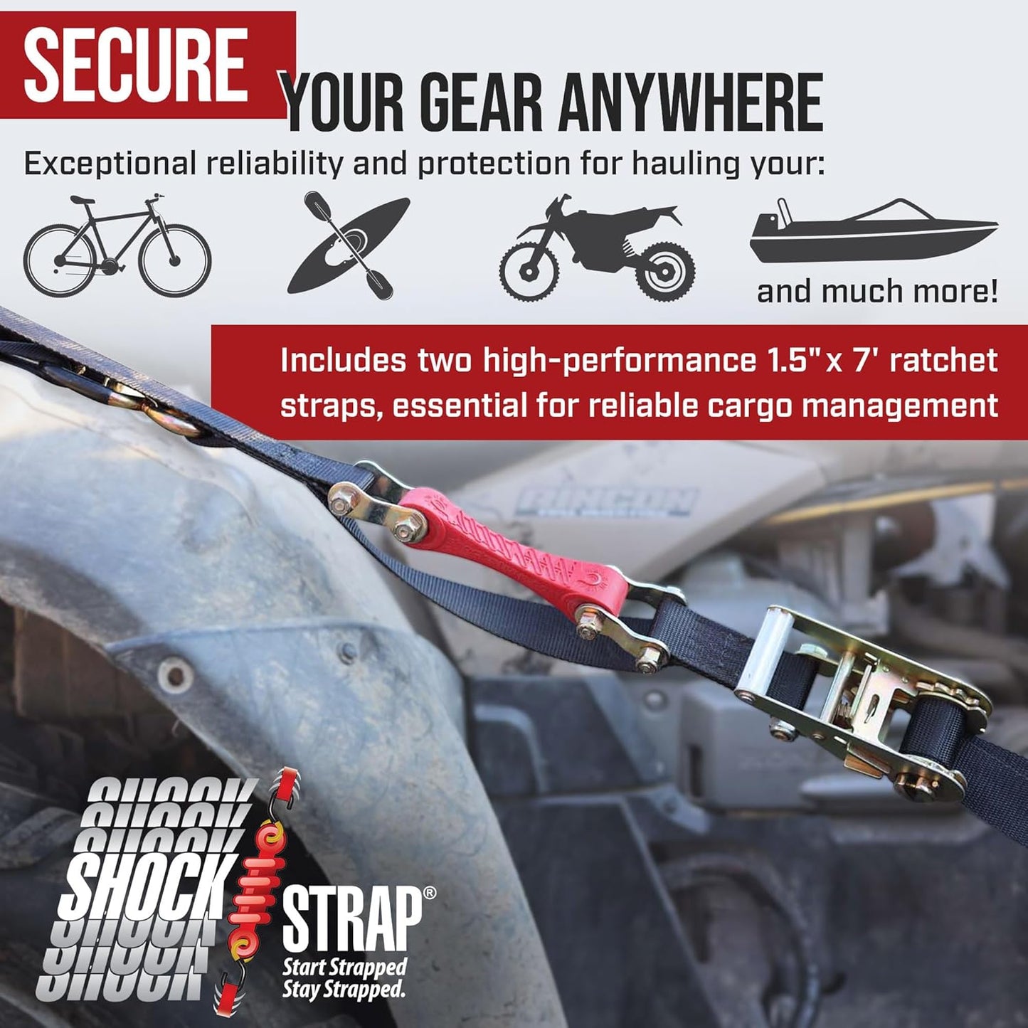 7ft x 1.5in SHOCKSTRAP® Ratchet Strap with Clip Hook,  Premium Polyester Webbing, 3k Break Strength, 1k Working Load Limit